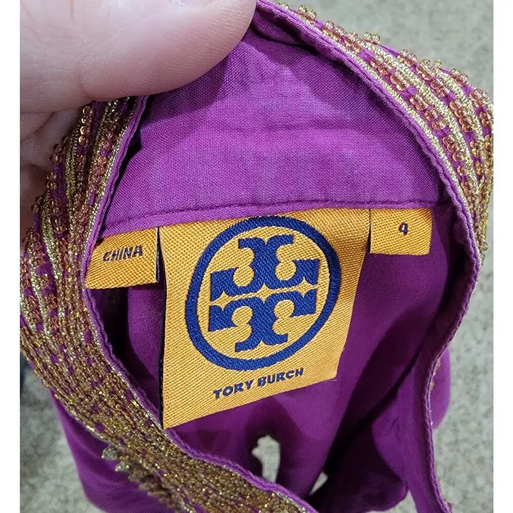Tory Burch Magenta Sheer Gold Embroidered Beaded Button Trim Tunic Small Artsy - Picture 4 of 12